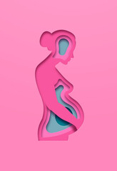 Realistic paper cut pregnant woman with baby fetus growing inside. New mother expecting child. Pink 3D papercut female silhouette illustration for motherhood or medical pregnancy concept.