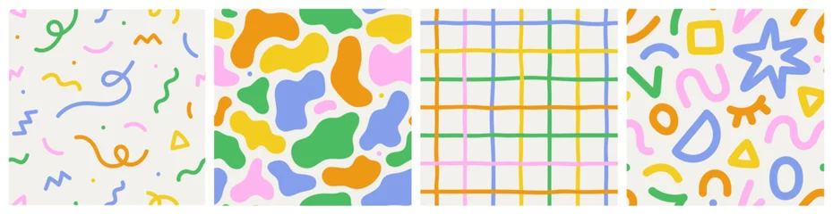 Crédence en verre imprimé Fun colorful seamless pattern collection. Creative minimalist style art background for children or trendy design with bright basic shapes. Simple and playful childish doodle backdrop set.
