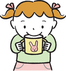 線画カラーイラスト　コップで飲む女の子