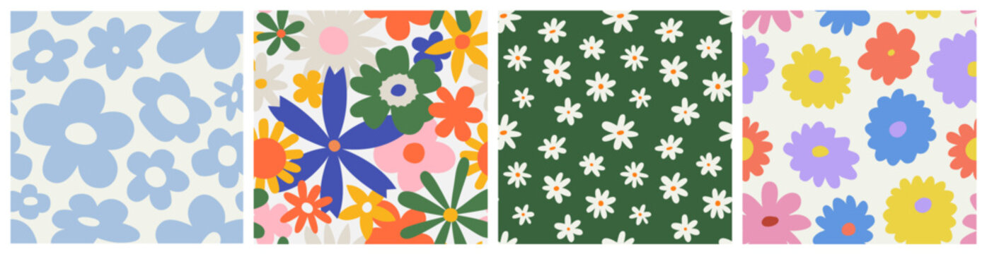 Trendy floral seamless pattern collection. Set of vintage 70s style flower background illustration. Colorful pastel color groovy artwork bundle, y2k nature backgrounds with spring plants.