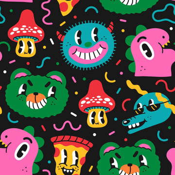 Naklejka Trendy trippy retro cartoon character seamless pattern. Funny vintage comic characters background. Colorful dog, mushroom and pizza psychedelic print texture. 