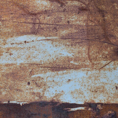 Old light blue painted grey rusty rustic rust iron metal frame background texture, horizontal aged damaged weathered scratched framed plain paint patch plate, grunge pattern copy space macro closeup