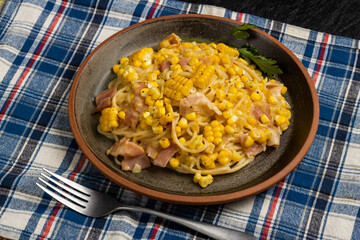 ベーコンとコーンのパスタ　pasta with bacon and corn