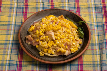 ベーコンとコーンのパスタ　pasta with bacon and corn
