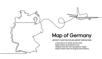 Continuous one line drawing of Germany domestic aircraft flight routes. Germany map icon and airplane path of airplane flight route with starting point location and single line trail in doodle style.