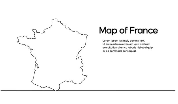 Continuous one line drawing of map of France. white background map for Education, Travel across cities in France, infographics, Science, Web Presentation isolated on white background
