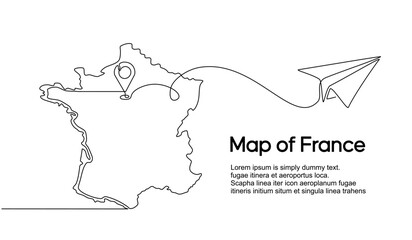 Continuous one line drawing of France domestic aircraft flight routes. France map icon and airplane path of airplane flight route with starting point location and single line trail in doodle style.