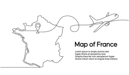 Continuous one line drawing of France domestic aircraft flight routes. France map icon and airplane path of airplane flight route with starting point location and single line trail in doodle style.