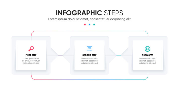 3 steps box geometric infographic with icons and lines.