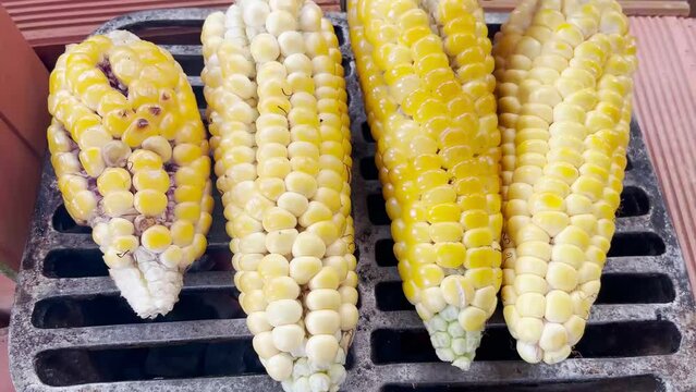 Woman grilling corn on the cob. Cooking cobs on the grill. Corn on the cob with butter and cheese. Roast. Colombia