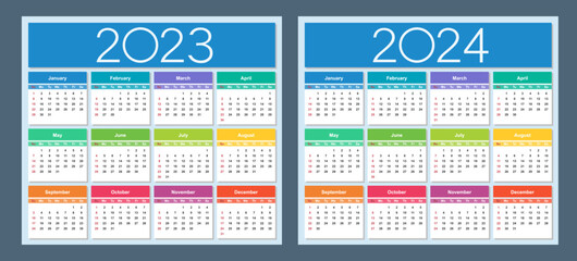 Colorful calendar for 2023 and 2024 years. Week starts on Sunday. Isolated vector illustration.
