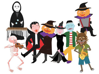 音楽を演奏したり踊ったりしてハロウィンを祝う魔女やジャックオーランタンたち。