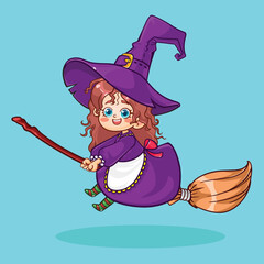 Cute little girl wearing a witch costume riding a broom during Halloween