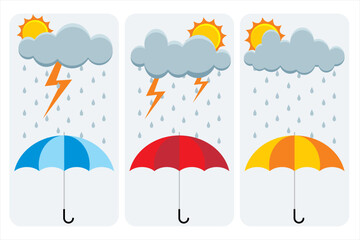 Monsoon season. Rainy season. Illustration of heavy rain. Set an umbrella to protect from the rain