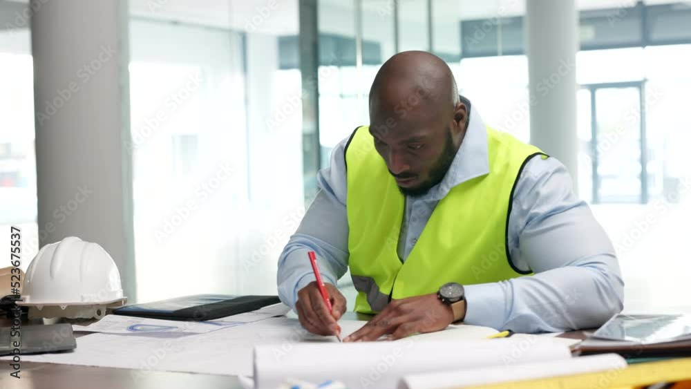 Poster architect, building planner or construction worker writing and drawing on plans or blueprints. archi