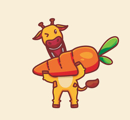 cute giraffe eating big carrot. cartoon animal food concept Isolated illustration. Flat Style suitable for Sticker Icon Design Premium Logo vector. Mascot Character