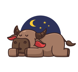 cute sleeping lazy buffalo. cartoon animal nature concept Isolated illustration. Flat Style suitable for Sticker Icon Design Premium Logo vector. Mascot Character