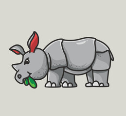Fototapeta premium cute rhinoceros eating a grass food. Cute rhinoceros looking up with thick skin. Cartoon animal flat style illustration icon premium vector logo mascot suitable for web design banner character