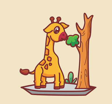 cute giraffe eating leaf. cartoon animal food concept Isolated illustration. Flat Style suitable for Sticker Icon Design Premium Logo vector. Mascot Character