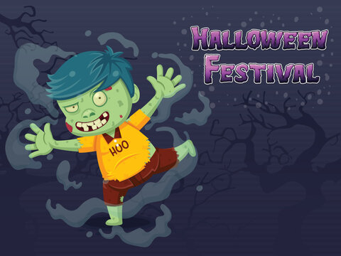 Zombie Cartoon Halloween Character With Halloween Festival Text Effects. Vector illustration