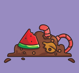 cute worm eating trash. cartoon animal nature concept Isolated illustration. Flat Style suitable for Sticker Icon Design Premium Logo vector. Mascot Character