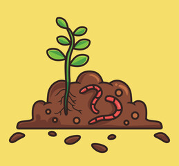 cute worm fertilizer a plant. cartoon animal nature concept Isolated illustration. Flat Style suitable for Sticker Icon Design Premium Logo vector. Mascot Character