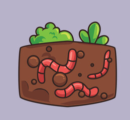 cute worms underground fertilizer plant. cartoon animal nature concept Isolated illustration. Flat Style suitable for Sticker Icon Design Premium Logo vector. Mascot Character