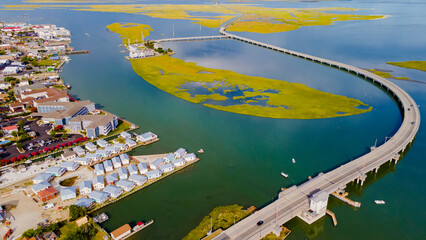 CHINCOTEAGUE BRIDGE across the Chincoteague Bay in Virginia. Drone view.