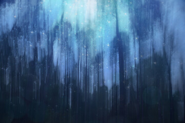 Abstract blue forest at night with moonlight and stars.