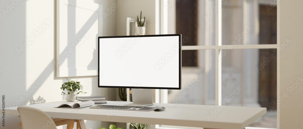 Poster minimal white office workspace interior with computer mockup and decors on table against the window
