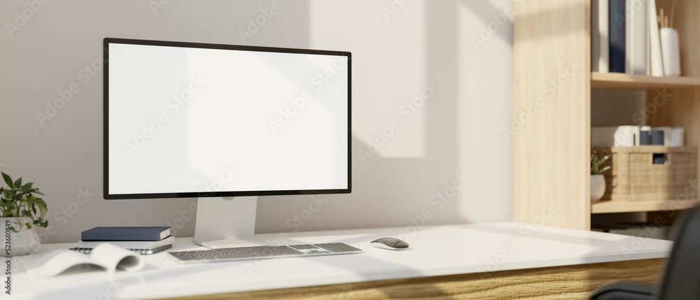 Canvas Prints comfortable cozy home working table with modern pc desktop computer mockup.
