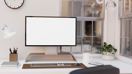 Office desk with desktop computer mockup and accessories on white table against the window.