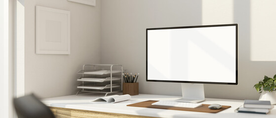 Minimal white office desk with desktop computer mockup and office supplies on the table.