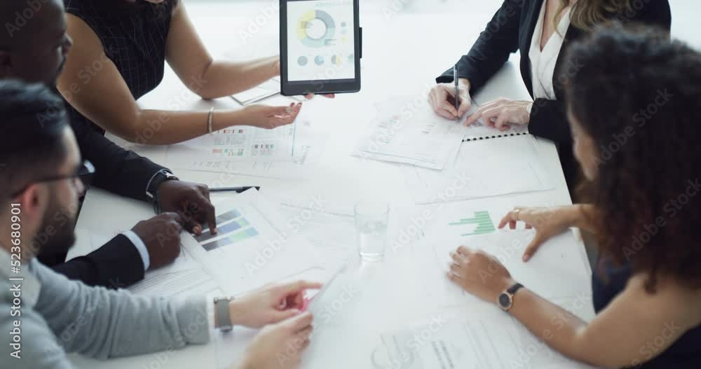 Poster corporate, finance and business professionals examining papers, information and data while analyzing