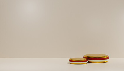 3d gold podium with red and white flag in minimalist background