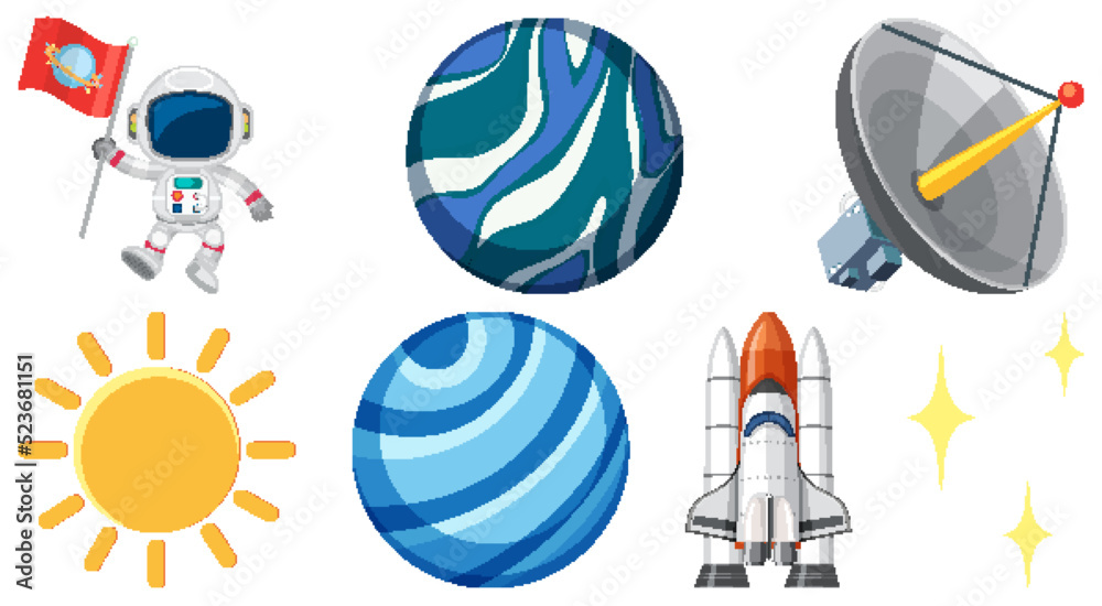 Wall mural set of space cartoon characters and objects