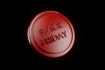 3d red icon of black friday discount on black background render.