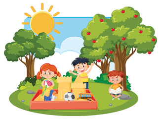 Children playing in sandpit outdoor scene isolated