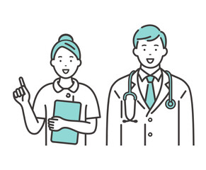 笑顔の若い男性医師と女性看護師　指差しで説明するポーズ