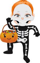 Halloween banner with cute Skeleton boy costume cartoon character design