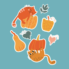 Autumn composition with cute pumpkins, cats, and leaves. Vector graphics on a green background. Perfect for greeting cards, posters, for t-shirt design, prints on mugs, pillows, wallpaper