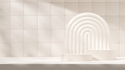 Minimal monochrome white color podium 3d rendering mockup template in landscape with arch