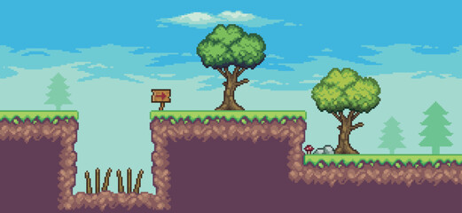 Pixel art arcade game scene with tree, trap, board and clouds 8 bit vector background