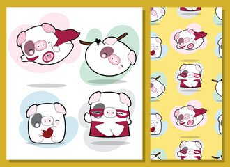 Flat cute white pig illustration for kids and pattern set

