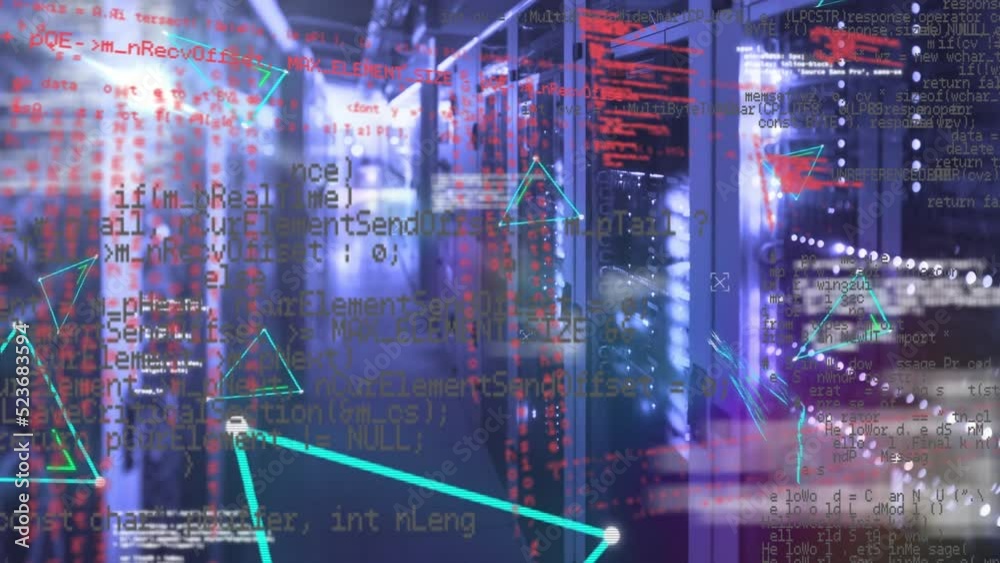 Poster animation of multiple abstract triangle shapes and data processing against computer server room