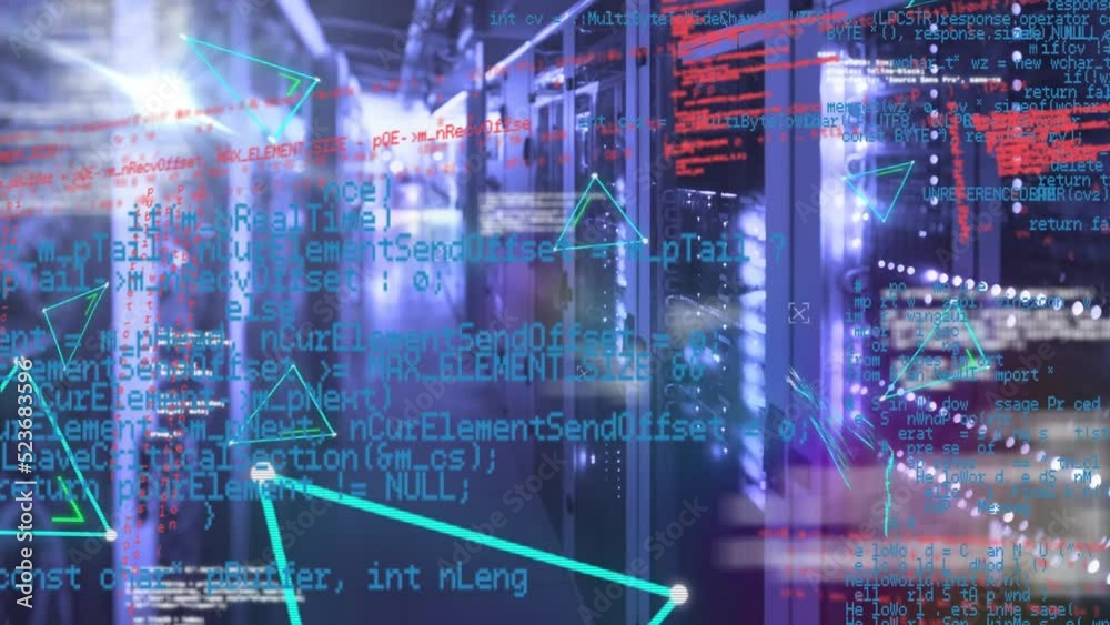 Poster animation of multiple abstract triangle shapes and data processing against computer server room