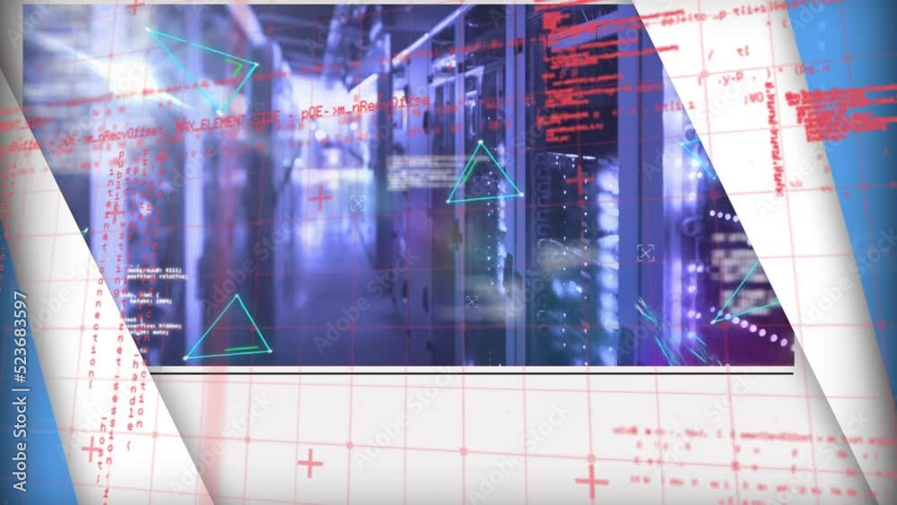 Poster animation of abstract triangle shapes and data processing against computer server room