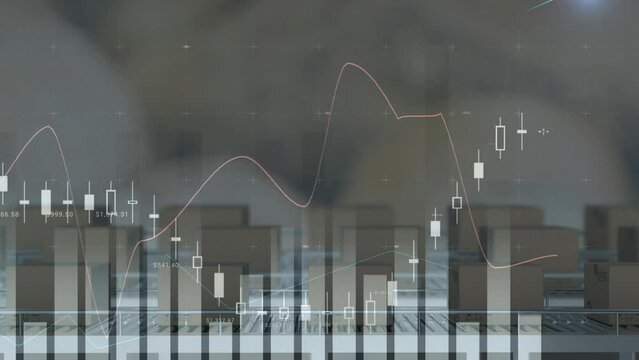 Animation of graphs on digital interface, cardboard boxes moving on conveyer belt in factory - Powered by Adobe