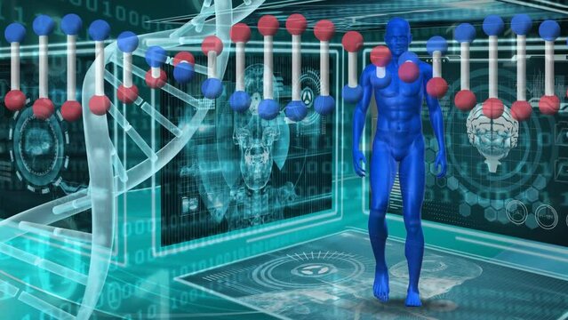 Animation of dna structures spinning over a human body model against medical data processing