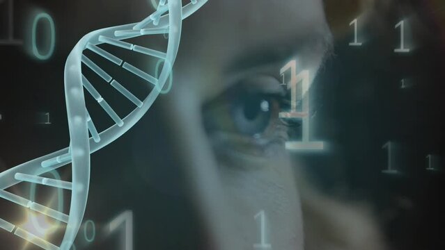 Animation of dna structure spinning, binary coding and light spot over close up of a female eyes